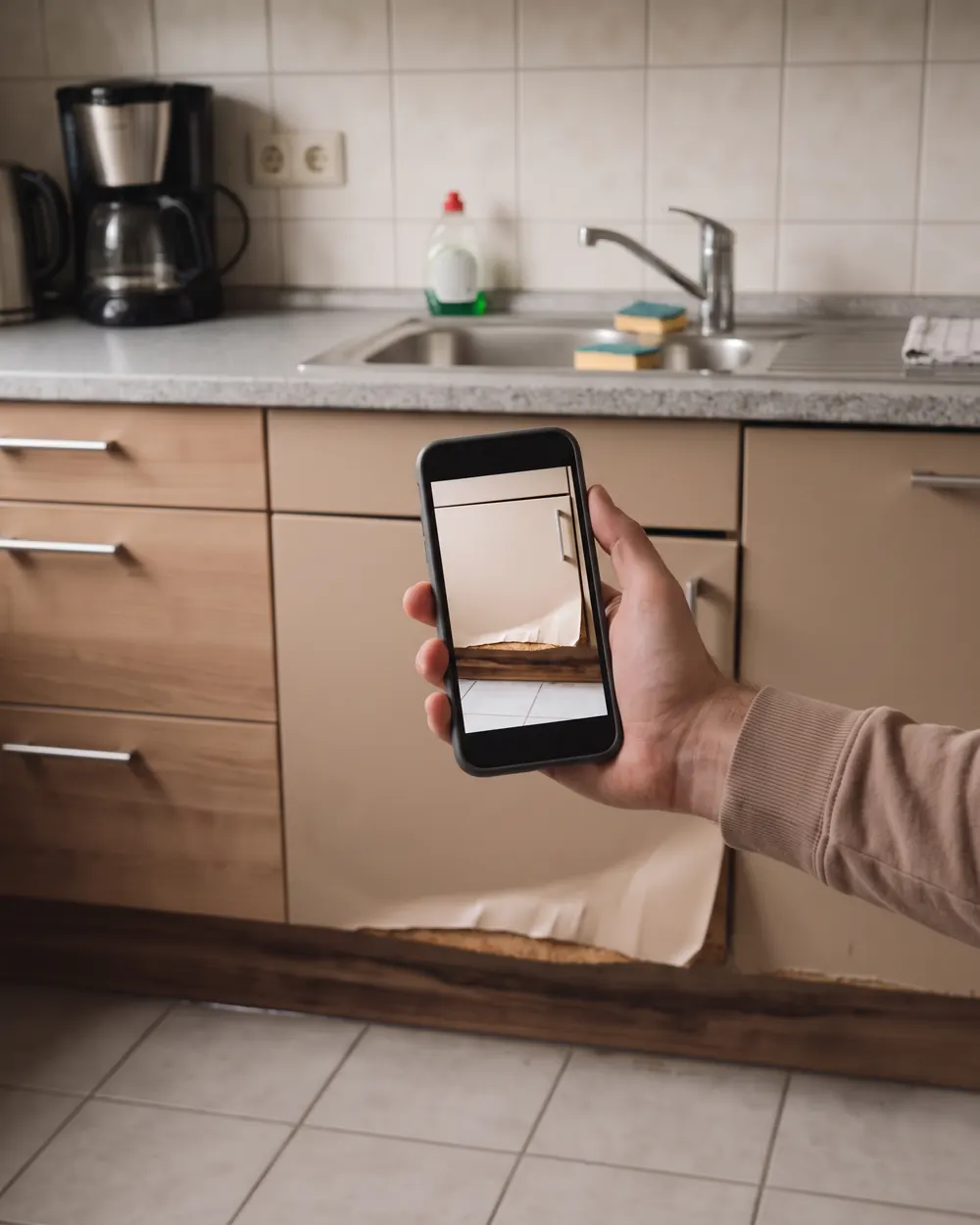 Illustration: eine Hand fotografiert mit dem Telefon einen Schaden an einer Küchenfront