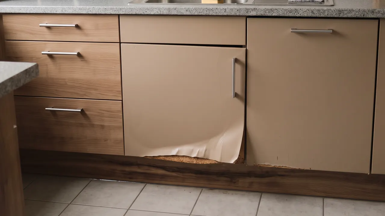 Illustration: moderne Küchenzeile mit Wasserschaden am Unterschrank unter der Spüle