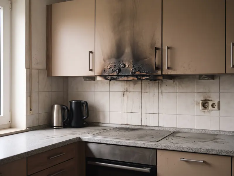 Illustration: verrußter und angesengter Hängeschrank über einem Kochfeld nach einem Brandschaden