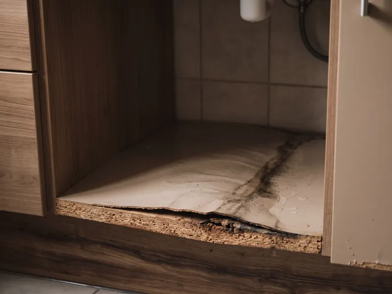 Illustration: aufgequollener Schrankboden unter einer Spüle nach einem Wasserschaden